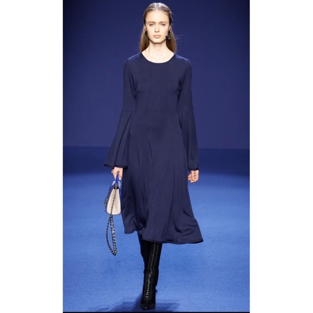 Andrew GN Paris France Smocked Bell Sleeve Virgin Wool Midi Dress Sz 42 US 10
